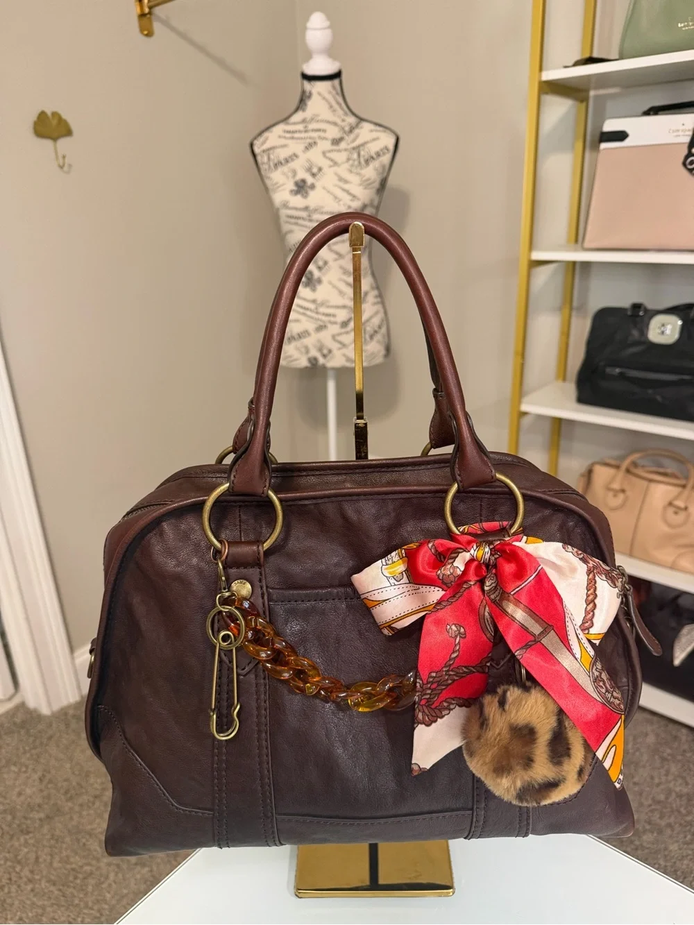 Frye Melissa Domed Satchel Dark Brown Leather with Red Accent Scarf & Charms